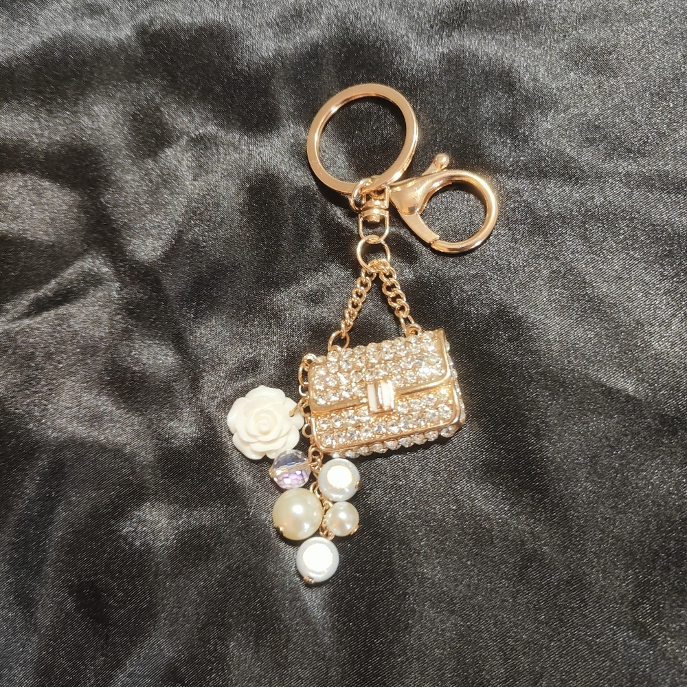 Rhinestone Mini Purse Charm Keychain – Gold Tone Glam - Picture 2 of 2